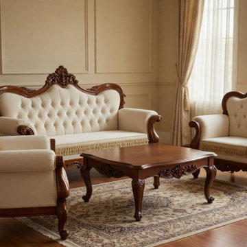 Custom Solid Teak Wood Carved Sofa Set | Elegant French Rococo Living Room
