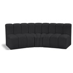 Meridian Furniture - Arc Vegan Leather Upholstered 3-Pc. U-Shaped Modular Sectional, Black - Unleash modern opulence with the Arc Vegan Leather 3pc. Sectional. Crafted for the modern connoisseur, this Sectional injects an air of refined luxury into any space. Its sleek silhouette, upholstered in supple black vegan leather, exudes timeless sophistication while the deep channel tufting adds textural intrigue, further elevating the chair's visual appeal. The modular design makes it a versatile chameleon, effortlessly adapting to your evolving needs and preferences. Whether you envision it gracing a chic living room corner, basking in the glow of a bedroom window, or adding a touch of drama to a home office, the Arc seamlessly complements your unique interior aesthetic.