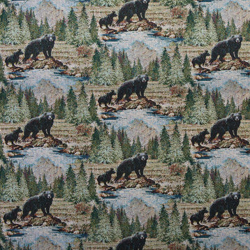 Baby Black Bear and Mom Novelty Tapestry Upholstery Fabric By The Yard