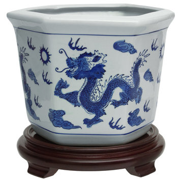 10" Dragon Blue and White Porcelain Flower Pot