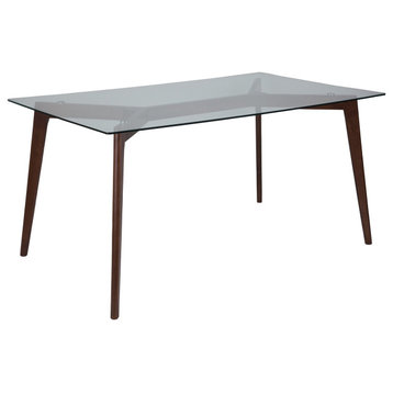 Modern Dining Table, Rich Walnut Beechwood Legs With Rectangular Clear Glass Top