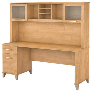 Spacious Rectangular Desk With Hutch and Frosted Glass Cabinet Doors, Maple Cros