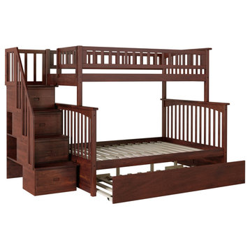 Staircase Bunk Bed Twin Over Full With Full Size Urban Trundle Bed, Walnut