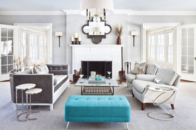 Living room - mid-sized transitional formal and enclosed carpeted and gray floor living room idea in New York with gray walls, a standard fireplace, a brick fireplace and no tv
