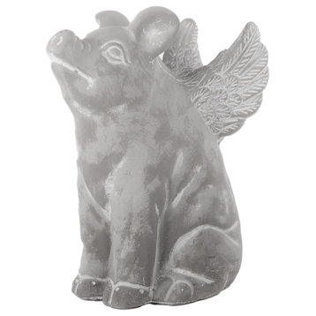 Cement Sitting Winged Pig Figurine Washed Concrete Gray Finish