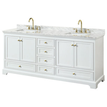 Deborah 80" White DBL Vanity, Carrara Marble Top, Sq. Sinks, Gold Trim