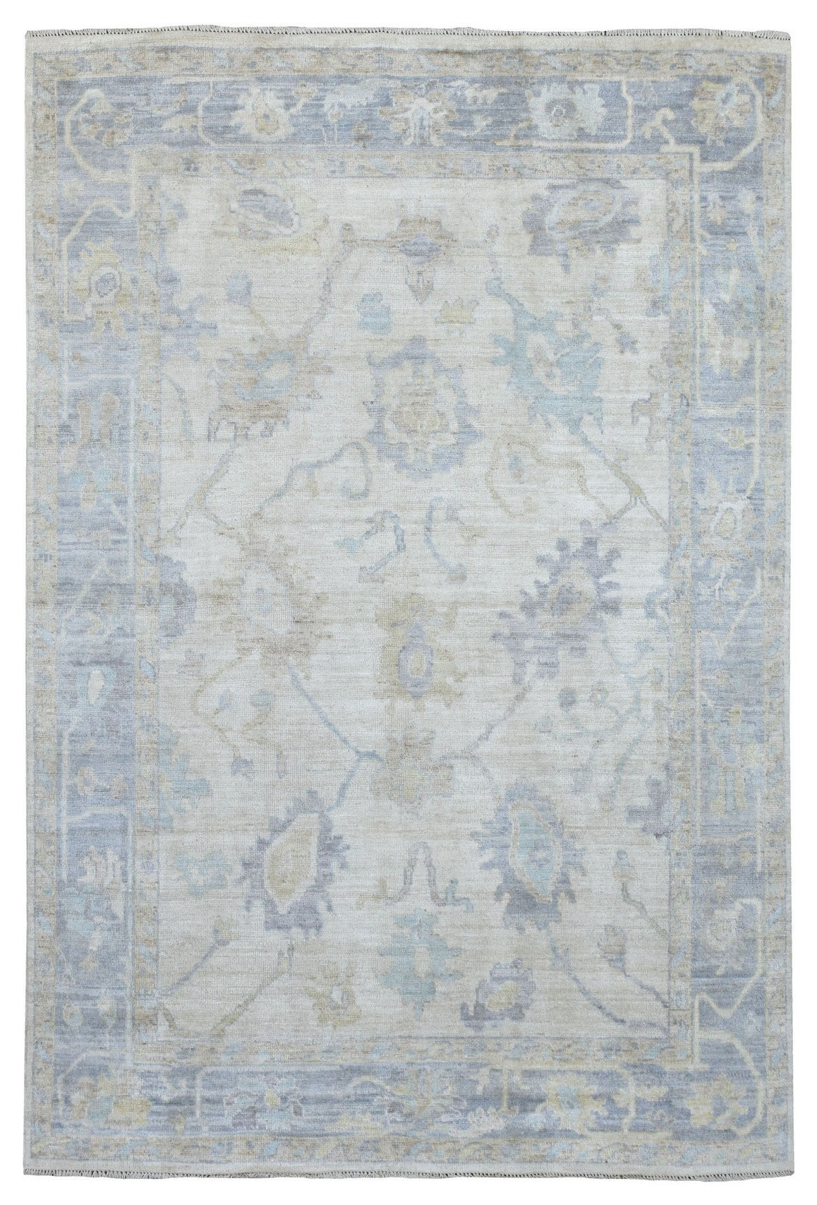Ivory With Soft Colors Pure Wool Angora Oushak Hand Knotted Rug, 5'10 ...