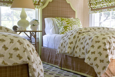 Eclectic guest bedroom in New York with beige walls.