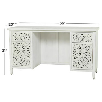 Traditional Desk, Multipurpose Design With Floral Carved Doors & Drawers, White