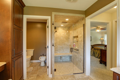 Large traditional master bathroom in Other with beige cabinets, granite benchtops, beige floor and beige benchtops.