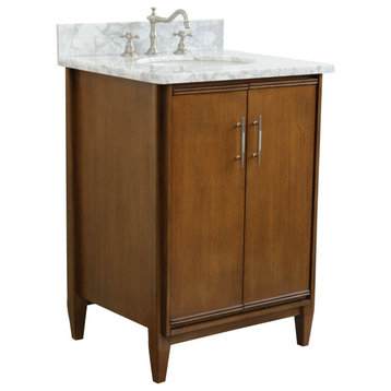 25" Single Sink Vanity, Walnut Finish, White Carrara Marble and Oval Sink