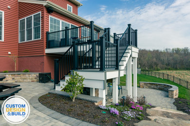 Deck with dry space, Paver patio with boulder stairs and bluestone walkway, Fire
