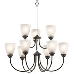 Kichler - Kichler 43639LED Jolie 9 Light 28"W LED Chandelier - Olde Bronze - Features Durable steel construction Comes with satin etched shades (9) 10 watt medium (E26) LED bulbs included 36" of adjustable chain included Capable of being dimmed ETL rated for dry locations Energy Star certified Dimensions Height: 28" Maximum Height: 66" Width: 28" Product Weight: 14 lbs Chain Length: 36" Wire Length: 39" Canopy Width: 5" Electrical Specifications Max Wattage: 90 watts Number of Bulbs: 9 Max Watts Per Bulb: 10 watts Lumens: 800 Bulb Base: Medium (E26) Bulb Shape: A19 Bulb Type: LED Color Temperature: 3000K Color Rendering Index: 92CRI Bulbs Included: Yes