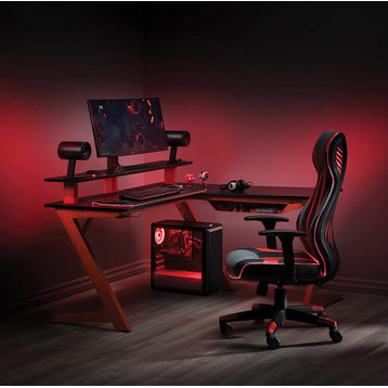 Modern Gamer Desk, L Shaped Design With Raised Shelf & Pullout Tray, Red