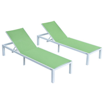 LeisureMod Marlin Patio Chaise Lounge Chair White Frame Set of 2, Green