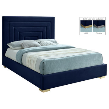 Nora Velvet Upholstered Bed, Navy, Full