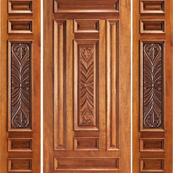 Prehung External Mahogany Carved 7 Panel Two Sidelights Door - Front Doors