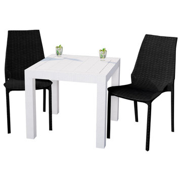 LeisureMod Kent Weave Design 3-Piece Outdoor Patio Dining Set, White/Black