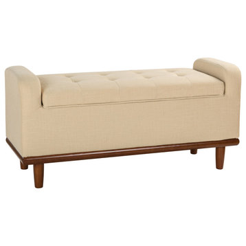 Upholstered Storage Bench with Solid Wood Legs&Tufted Design, Linen