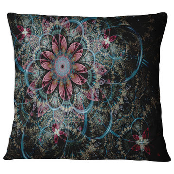 Fractal Flower in Dark Blue Digital Art Floral Throw Pillow, 16"x16"