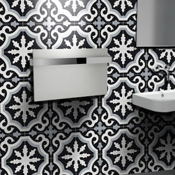 Moroccan Mosaic and Tile House - 8"x8" Tanger Handmade Cement Tile, Black/Gray, Set of 12 - Wall And Floor Tile