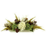 Creative Displays - Fall Centerpiece with Hydrangeas and Pampas - Elevate your room with this unique Fall Centerpiece with Hydrangeas and Pampas. This beautiful centerpiece is crafted from high-quality materials that will last for years to come. It's perfect for brightening up any room in your home or office, and is a memorable addition to any gathering. The lifelike faux plants add color, texture, and striking realism to this piece - you'll never have to worry about watering or maintenance. The captivating combination of the cream and green hydrangeas, burgundy leaves, cream and olive pampas, and burgundy wheat is sure to take your breath away. Bring the outdoors in this season with our exquisite Fall Centerpiece with Hydrangeas and Pampas.