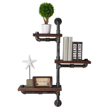 Metal Body Floating Three Wall Shelves With Pipe Design, Gray And Brown
