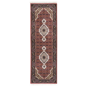 Red Fish Design Tabriz Mahi Wool And Silk Hand Knotted Runner Rug, 2'0" x 6'0"