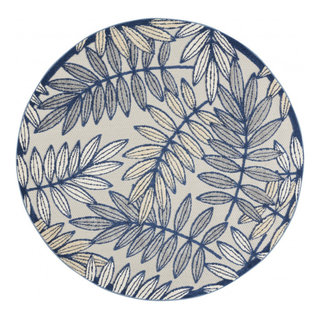 5' Round Ivory And Blue Round Floral Indoor Outdoor Area Rug - Tropical ...