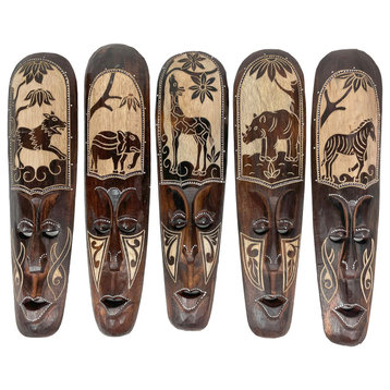 Set of 5 African Animal Hand Carved Wooden Wall Masks
