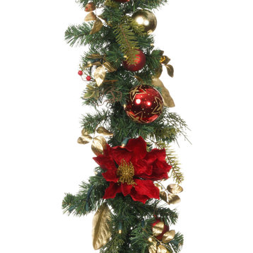 9' Artificial Christmas Garland with Lights, Golden Leaf Red Magnolia
