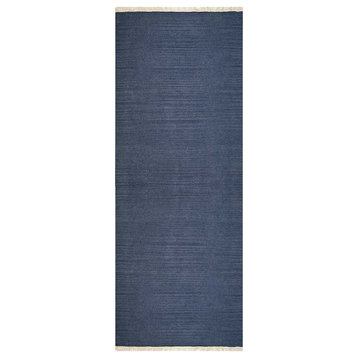Rugsotic Carpets Hand Woven Flat Weave Kilim Wool Square Area Rug Solid Blue, [Runner] 2'6''x6'