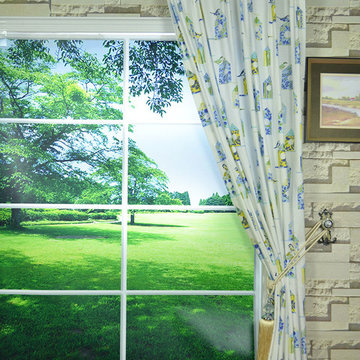 Birdhouses Double Pinch Pleat Printed Cotton Curtain Cerulean Frost Color
