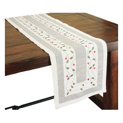 Xia Home Fashions - Classic Holly Embroidered Christmas Table Runner, 15"x54" - Table Runners