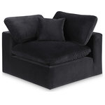 Meridian Furniture - Comfy Beige Linen Textured Fabric Modular Chair, Black, Velvet, Corner Chair - Give your space a whole new look with this black Comfy velvet corner chair. This handsome chair fits nicely with other items in the Comfy collection and is a versatile seating option designed for adaptability, comfort and style. Wrapped in rich black durable velvet upholstery, this chair offers a plush embrace of overstuffed down feather cushions, carefully crafted to deliver the highest level of comfort. The perfect seat for creating an oasis for relaxation, this chair has thick foam surrounding its frame for added support and coziness.
