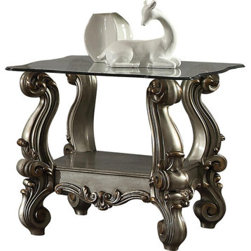 ACME Versailles End Table, Antique Platinum and Clear Glass