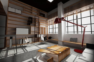 Immagine di un grande soggiorno moderno chiuso con libreria, pareti grigie, pavimento in cemento e pavimento grigio