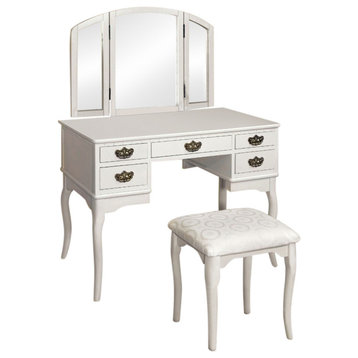 Elegant Traditional Vanity Table With Multiple Drawers And A Stool, White Finish