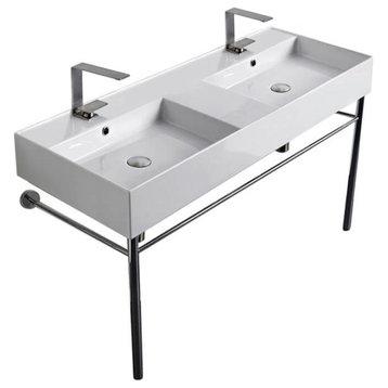 Double Ceramic Wall Mounted Sink With Polished Chrome Stand, Two Hole