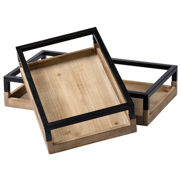 HomeRoots Set of 2 Natural Finish With Black Nesting Wood Accent Trays