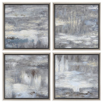Set of 4 Gray Abstract Landscape Paintings, Wall Art Square White Modern