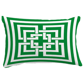 Greek New Key Geometric Print Throw Pillow With Linen Texture, Green, 14"x20"