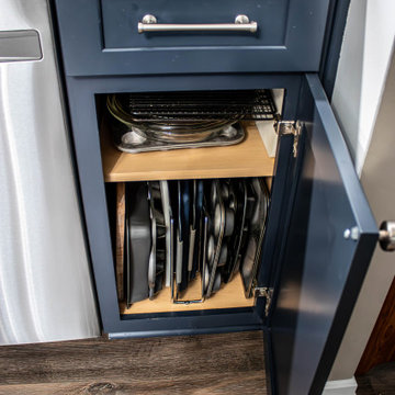 Two Tone Kitchen: Navy and Wood Kitchen with Carrara Wind Quartz Countertops