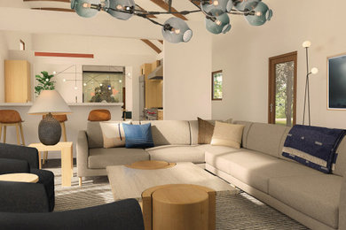 Living room - mid-sized modern open concept slate floor, gray floor and exposed beam living room idea in San Francisco with beige walls