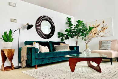 Living room - small 1950s enclosed carpeted, beige floor and vaulted ceiling living room idea in Salt Lake City with white walls, no fireplace and no tv