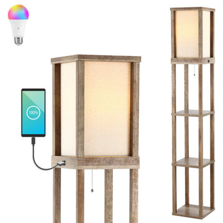 Etagere 63.5" Wooden LED 3-Shelf Floor Lamp With USB Port, Smart Bulb, Brown