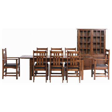 Arts and Crafts Oak Dining Table With 2 Leaves and 8 Dining Chairs, 9-Piece Set