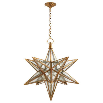 Moravian Large Star Lantern, 1-Light, Gilded Iron, Antique Mirror Shade, 32.75"H