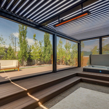 StruXure Pergola Over Hot Tub Area with Screens & Privacy Wall, Feat. Lights & H