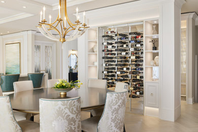 Example of a mid-sized transitional light wood floor, beige floor and coffered ceiling kitchen/dining room combo design in Montreal with beige walls